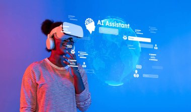 Sanal gerçeklik kulaklığı kullanan genç bir birey, modern teknoloji ortamında canlı görsellerle çevrili dijital bir yapay zeka asistanıyla etkileşime girer. XDMCP