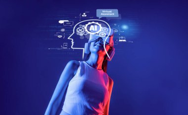 Kulaklığı olan genç bir kadın, modern toplumda yapay zeka ve sanal yardımı sembolize eden dijital elementlerle çevrili mavi bir arkaplanda tasvir ediliyor. XDMCP