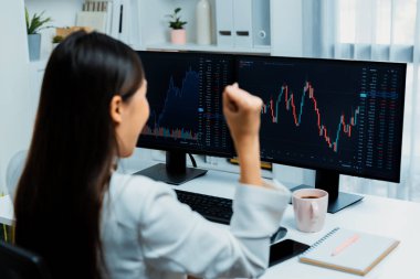 Başarılı genç Asyalı iş kadını, modern ofisteki bilgisayar ekranlarında dinamik iş grafiği üzerine borsada yumruklaşarak en yüksek karı elde ediyor, finansal teknolojiyi analiz ediyor. Taktik.