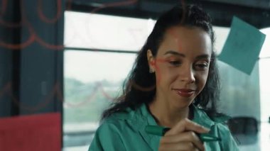 Zeki, profesyonel İspanyol iş kadınının portresi renkli yapışkan notlarla cam tahtaya pazarlama fikirleri yazıyor. Genç yönetici, analiz iş planının zihin haritasını çiziyor. - Yakın çekim. Yönlendirici.