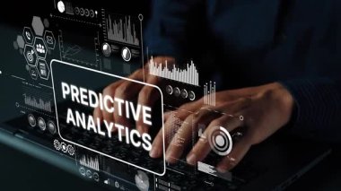 Modern Çalışma Alanı Ortamı 'nda Öngörülebilir Analitik Veri Görselleştirme Konsepti ile Eller Klavyede. Asemptotik akıllı veri analitiği.