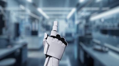 Tıbbi verilere ya da teşhis semptomlarına ulaşmak için robotik el işaretlerini kapatın ve tıbbi çapraz holograma tıklayın. Yapay zeka semptomları analiz ederken robot el çapraz kontrol yapıyor. Sağlıklı..