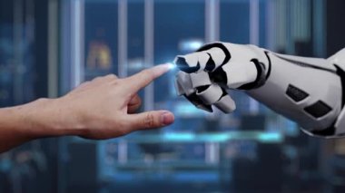 İnsan eliyle robot el etkileşimi modern dijital arayüzdeki yapay zeka kavramını veri görselleştirme ve teknoloji elementleriyle gösteriyor. Auvana