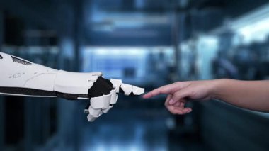 Robot ve insan eliyle insan anatomisi ikonunu işaret ediyor. Robot el ve insanın birlikte çalışırken röntgen hologramıyla bulanık labaratuvarı işaret etmesine yakın çekim. Sağlıklı..