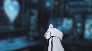 Tıbbi verilere ya da teşhis semptomlarına ulaşmak için robot ellerle kalp hologramına tıklayın. Semptomu analiz ederken kalp simülasyonunu kontrol eden robot el. Sağlıklı..