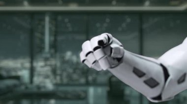 Fütürist bir robot el, çağdaş bir ofis ortamında net sıfır hedef ve sürdürülebilir uygulamaları simgeleyen dijital yeşil görsellerle etkileşir. Auvana