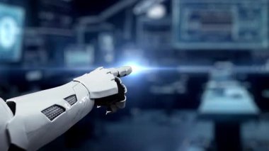 İnsan anatomisini gösteren ve bulanık laboratuvar geçmişine sahip robot el işaretlerini kapat. Robot el, tıbbi verileri teşhis semptomlarına bağlamak için x ray gösterge paneline tıklıyor. Sağlıklı..
