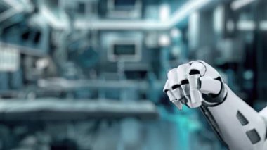 Bulanık laboratuvar arka planına sahip DNA hologramına robotik el gösterimi ve dokunuşlarını kapat. Tıbbi verilere erişmek ve onları teşhis semptomlarına bağlamak için robot el DNA ikonuna tıklıyor. Sağlıklı..