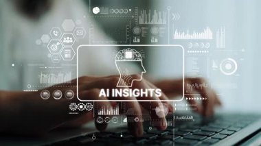 Dizüstü bilgisayarda elleri ve grafiksel elementleri gösteren yapay zekanın dijital görselleştirilmesi. Asemptotik akıllı veri analitiği.
