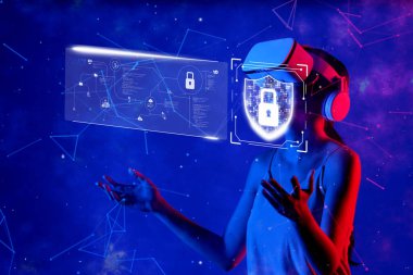 Siber güvenlik kavramlarıyla uğraşan, canlı bir dijital ortamda veri koruması ve mahremiyeti vurgulayan bir kişiyi gösteren sanal gerçeklik sahnesini keşfedin. XDMCP