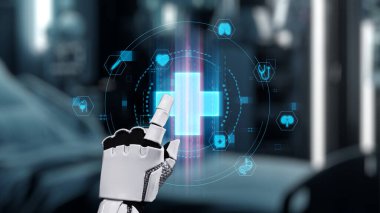 Tıbbi verilere ya da teşhis semptomlarına ulaşmak için robotik el işaretlerini kapatın ve tıbbi çapraz holograma tıklayın. Yapay zeka semptomları analiz ederken robot el çapraz kontrol yapıyor. Sağlıklı..