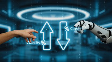 İnsan elinin çarpıcı bir görüntüsü ve kalite ve maliyet göstergelerine doğru uzanan robotik bir kol, gelecekteki bir ortamda teknoloji ve ticari yeniliğin kaynaşmasını temsil ediyor. Auvana