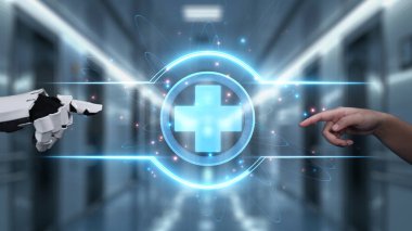 Robot ve insan elini uzatıyor ve yüzen tıbbi haç ikonu ile parmağıyla işaret ediyor. Laboratuvar geçmişini işaret ederken robot eller ve insanların birlikte çalışması yakın plan. Sağlıklı..