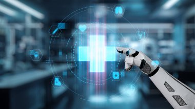 Robotik el işaretini kapat ve bulanık laboratuvar geçmişine sahip çapraz holograma dokun. Tıbbi verilere erişmek ve onları teşhis etmek için robot el tıklaması. Sağlıklı..