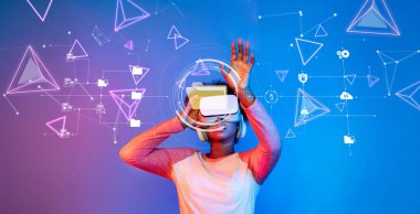 Bu resim sanal gerçeklik teknolojisiyle uğraşan, canlı bir dijital ortamda verileri görselleştiren ve teknoloji ile iş dünyasının kesişimini gösteren bir kullanıcıyı tasvir ediyor. XDMCP