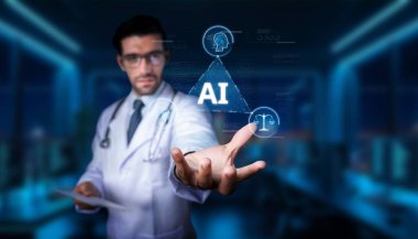 Bir tıp uzmanı, yapay zekanın sağlık hizmetlerine entegrasyonunu gösterir, gelecekteki arayüzleri gösterir ve hasta bakımındaki yenilikleri vurgular. PHMT