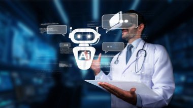 Bir sağlık uzmanı, yapay zekanın hasta bakımı ve tanı yeteneklerini geliştirmedeki rolünü vurgulayan, gelecekteki tıbbi ortamında sanal bir yapay zeka robotu ile bağlantı kuruyor. PHMT