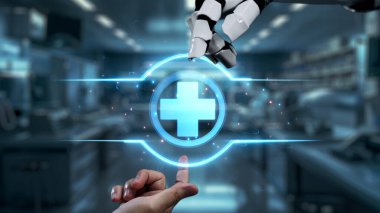 Robot ve insan elini uzatıyor ve yüzen tıbbi haç ikonu ile parmağıyla işaret ediyor. Laboratuvar geçmişini işaret ederken robot eller ve insanların birlikte çalışması yakın plan. Sağlıklı..