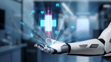 Tıbbi haç hologramı havada süzülürken robot elinin avuç içini kapat. Tıbbi verilere erişip, semptomlara bağlanırken tıbbi çapraz holografiği gösteren bir el. Sağlıklı..