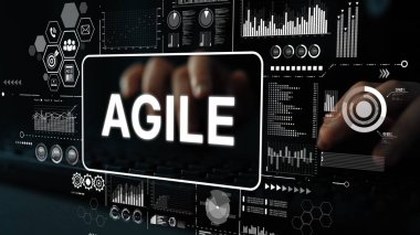 Yazılım Geliştirme ve Proje Yönetimi için Dijital Arayüz ve Veri Görselleştirmesi ile Modern Agile Kavramı. Asemptotik akıllı veri analitiği.