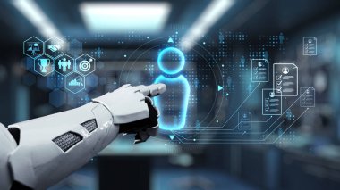 Fütürist bir robot el ileri teknoloji ve dijital yenilik içeren yüksek teknolojili bir ortamda holografik kullanıcı arayüzü ile etkileşime geçmek için uzanıyor. Auvana