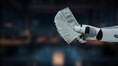Fütürist bir robot el dijital dünyadaki yapay zeka ve modern finans kavşağını sembolize eden bir dizi banknot sunar. MZL