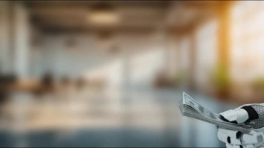 İnsan elinin robot bir koldan para aldığını gösteren fütüristik bir sahne, insan unsurları ile finans alanındaki gelişmiş teknoloji arasındaki etkileşimi vurguluyor. MZL