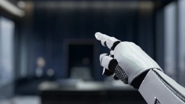 Sürdürülebilirlik, karbondioksit azaltımı ve yenilenebilir enerji ile ilgili ikonları içeren dijital ekran ile etkileşime giren fütürist bir robot el, çevre sorumluluğunu vurguluyor. Auvana