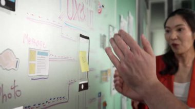 Proje yöneticisi, başarılı projeyi paylaşım fikri, iş planı, yapışkan notlar üzerine pazarlama stratejisiyle birlikte yönetim kurulu önünde kutlamak için iş arkadaşıyla beşlik çaktı. Çeşitli iş grupları. Yönlendirici.