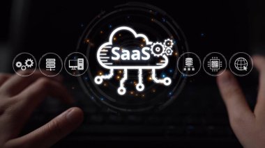 SaaS 'ın dijital ortamda altyapı, SaaS konuşlanma, SaaS platform özellikleri ve SaaS entegrasyon modelini gösteren görsel temsili. Muxer