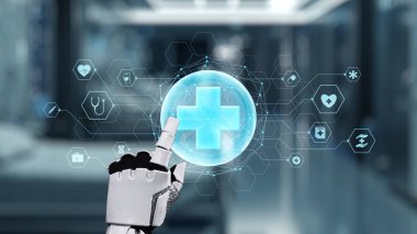 Tıbbi verilere ya da teşhis semptomlarına ulaşmak için robotik el işaretlerini kapatın ve tıbbi çapraz holograma tıklayın. Yapay zeka semptomları analiz ederken robot el çapraz kontrol yapıyor. Sağlıklı..