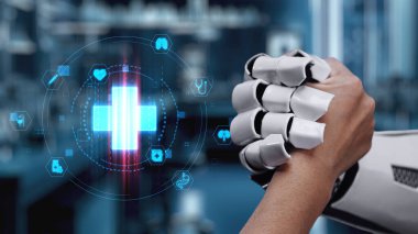 Robot elini kapat ve insan elini tıbbi çapraz hologramla sık. Yapay zeka ve insan birlikte çalışmak ya da bulanık laboratuarlarla yüzen çapraz hologramla anlaşma yapmak. Sağlıklı..