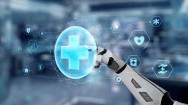 Robotik el işaretini kapat ve bulanık laboratuvar geçmişine sahip çapraz holograma dokun. Tıbbi verilere erişmek ve onları teşhis etmek için robot el tıklaması. Sağlıklı..