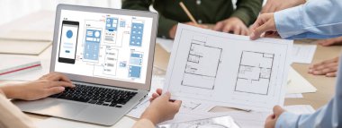 Hareketli mobil uygulama ve web sitesi için UX UI tasarım süreci. Profesyonel uygulama geliştiricisi için kablo grafiğinin yaratıcı prototipi .