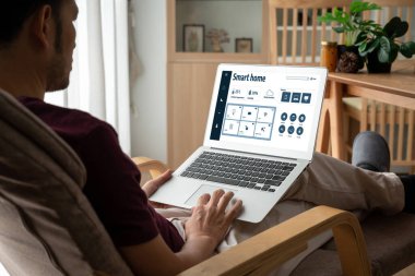 Smart home technology, centric remote control system with digital dashboard for air conditioning, safety security network or house automation. App software, ui panel programming IOT monitor snugly