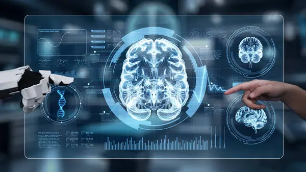 Robot ve insan elini uzatıyor ve parmağıyla beyin simgesini havada yüzdürüyor. Laboratuvar geçmişi bulanıklaşırken robot el ve insanın birlikte çalışmasını engelle. Sağlıklı..