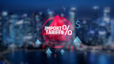 Geceleri Küresel Ticaret İlişkilerini Gösteren Şehir Arkaplanı ve Para Birimi Sembollerine Yüzdelik İşaretli Gümrük Gümrüğü İthal Et. Sevkiyat.