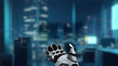Modern bir ofisteki performans ölçümleri ve yenilikleri sembolize eden, dijital değer göstergesini tutan robotik bir eli görsel olarak meşgul eden bir video. Auvana