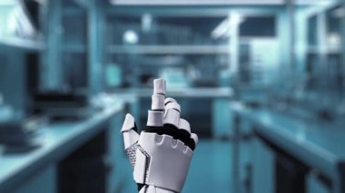 Tıbbi verilere ya da teşhis semptomlarına ulaşmak için robotik el işaretlerini kapatın ve tıbbi çapraz holograma tıklayın. Yapay zeka semptomları analiz ederken robot el çapraz kontrol yapıyor. Sağlıklı..