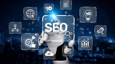 SEO görünürlüğünü geliştirmek için SEO konsepti, SEO ile ilgili dijital araçlar ve SEO performans simgeleri stratejik pazarlama için odaklanmış bir planda gösteriliyor. Muxer
