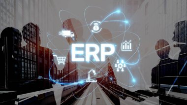 ERP platformu, kurumsal kaynak planlaması, entegrasyon, veri akışı, iş verimliliği, finans, envanter ve insan kaynaklarının iyileştirilmesi için merkezi sistemi göstermektedir. Muxer