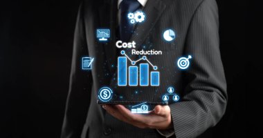 Maliyet azaltma, dijital grafik EIDE örtüşmeleri ile gösterilen maliyet tasarrufu kavramı, kurumsal işletmeler gereksiz harcamaların azaltılması yoluyla maliyet ve şirket kaynaklarını etkili bir şekilde tasarruf eder