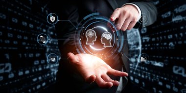 Yapay zeka mühendisliği, büyük veri ve yapay zeka makinesi kavramında yapay zeka beyin işlemcisiyle iş desteği için üretken yapay zeka kullanmayı öğrenen insan etkileşimi. Faas