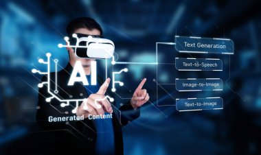 Bu resim gelişmiş yapay zeka teknolojilerini gösteriyor, metin, konuşma ve görüntü üretimini temsil eden sanal elemanlarla etkileşim halinde olan bir kişiyi gösteriyor. XDMCP