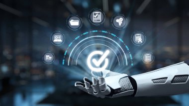 Fütürist bir robot el uzanır, gelişmiş teknolojiyi ve parlak çözümleri temsil eden parlak simgelerle etkileşir, parlak, modern çalışma alanında. Auvana