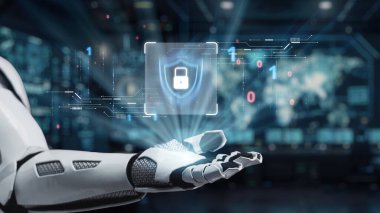 Gösterişli bir robot el, ileri siber güvenlik ve dijital korumayı sembolize eden fütürist bir teknoloji arayüzünün arka planına karşı dijital bir güvenlik kalkanı simgesi sergiliyor. Auvana