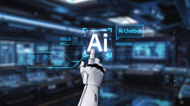 Gösterişli bir robot el, ileri teknoloji ürünü teknoloji ve etkili iletişim için geleceksel veri görselleştirmeleri sunan yüksek teknoloji kontrol odasındaki yapay zeka sohbet robotu ikonu ile etkileşime girer. Auvana