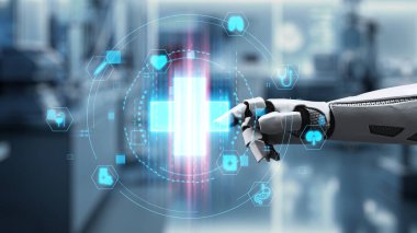 Robotik el işaretini kapat ve bulanık laboratuvar geçmişine sahip çapraz holograma dokun. Tıbbi verilere erişmek ve onları teşhis etmek için robot el tıklaması. Sağlıklı..