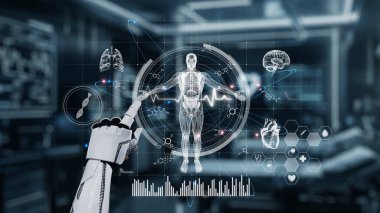 İnsan anatomisine tıklayarak tıbbi verilere ya da teşhislere ulaşın. Semptomu analiz ederken X ışını hologramında robot el kontrolü. Sağlıklı..