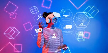 VR kulaklık takan bir kadın, sanal ilişki ve öğrenmedeki gelişmeleri vurgulayarak yapay zeka ve asistan teknolojilerini temsil eden holografik elementlerle etkileşime girer. XDMCP